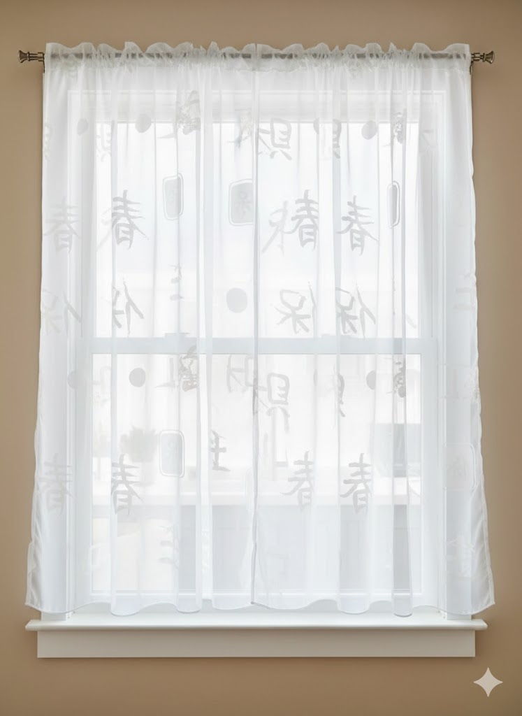 2461-- Dienas aizkari Organza ar Ķīniešu raksturu, piena krāsa (h 1,40 x 3,00 m)