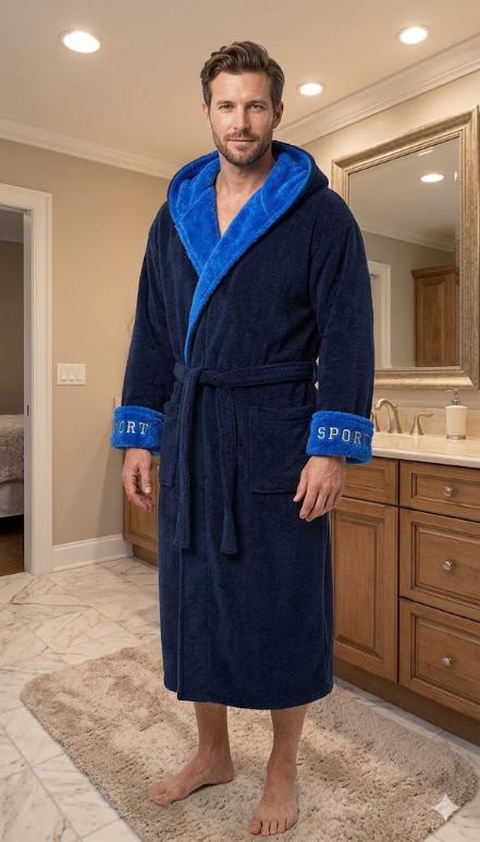 Халат Мужской Wellsoft с капюшоном (xl-3xl) Sport (2XL, Tumši zila ar zilo kapuci)