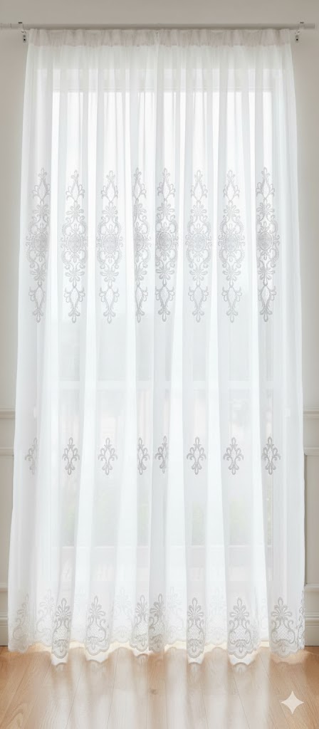 3953--Гардинная ткань Bamboo (молочный цвет) с вышивкой (серая бархатная корона)