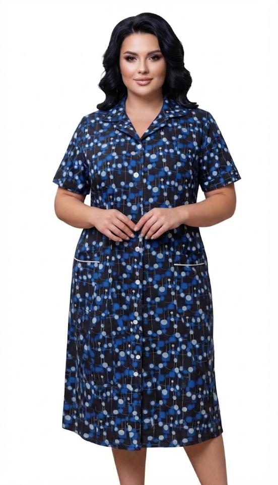 Halāts sieviešu ar apkakli un pogām (XL-3XL)  Art. 5048 SINSITA (2XL, Melna un baltiem zirņiem)
